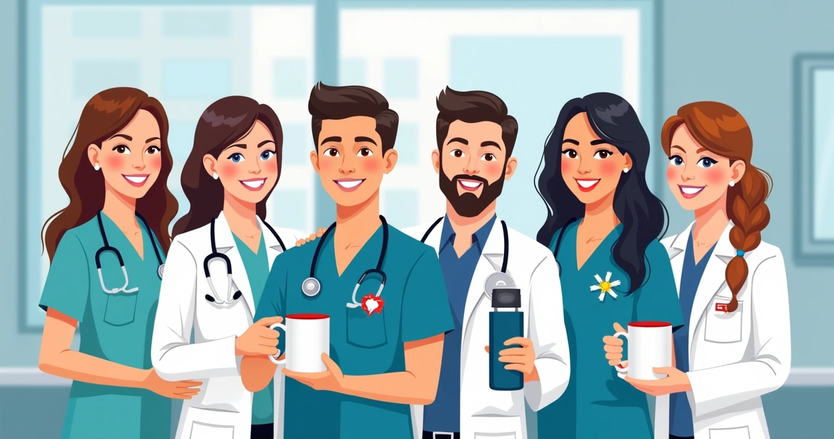 Equipe de saúde sorrindo com presentes temáticos médicos 