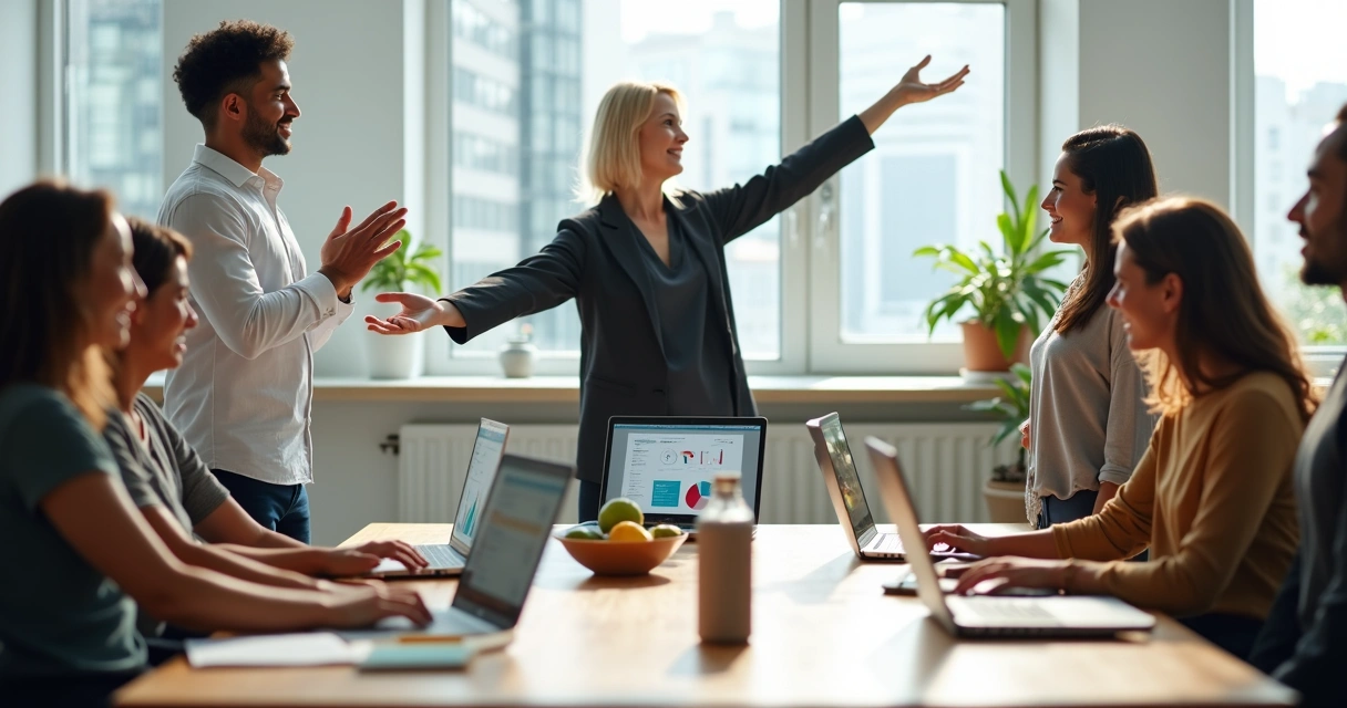Equipe de escritório fazendo alongamento coletivo ao redor de mesa de trabalho 