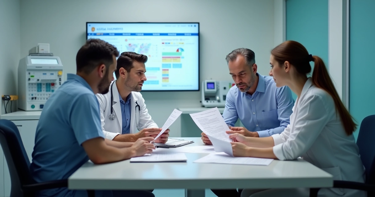 Equipe de saúde reunida discutindo relatórios de gestão em uma clínica 