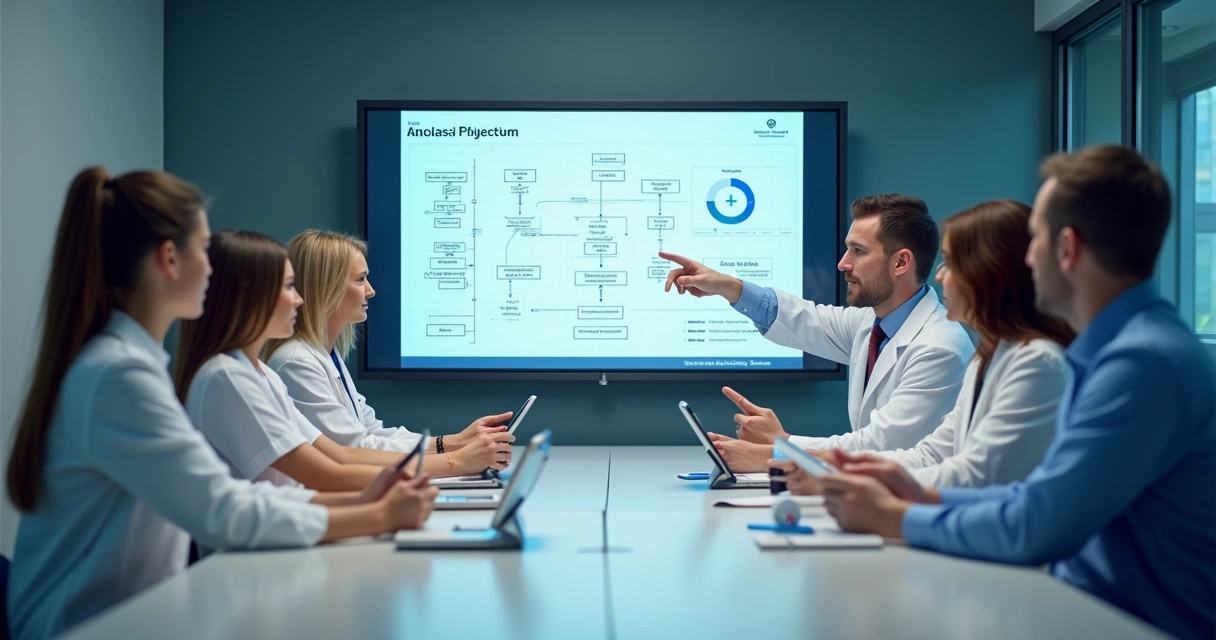 Equipe de saúde reunida analisando algoritmo em reunião clínica 