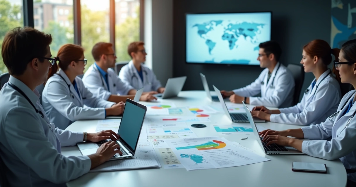Equipe de saúde e segurança reunida em mesa analisando relatórios e gráficos 
