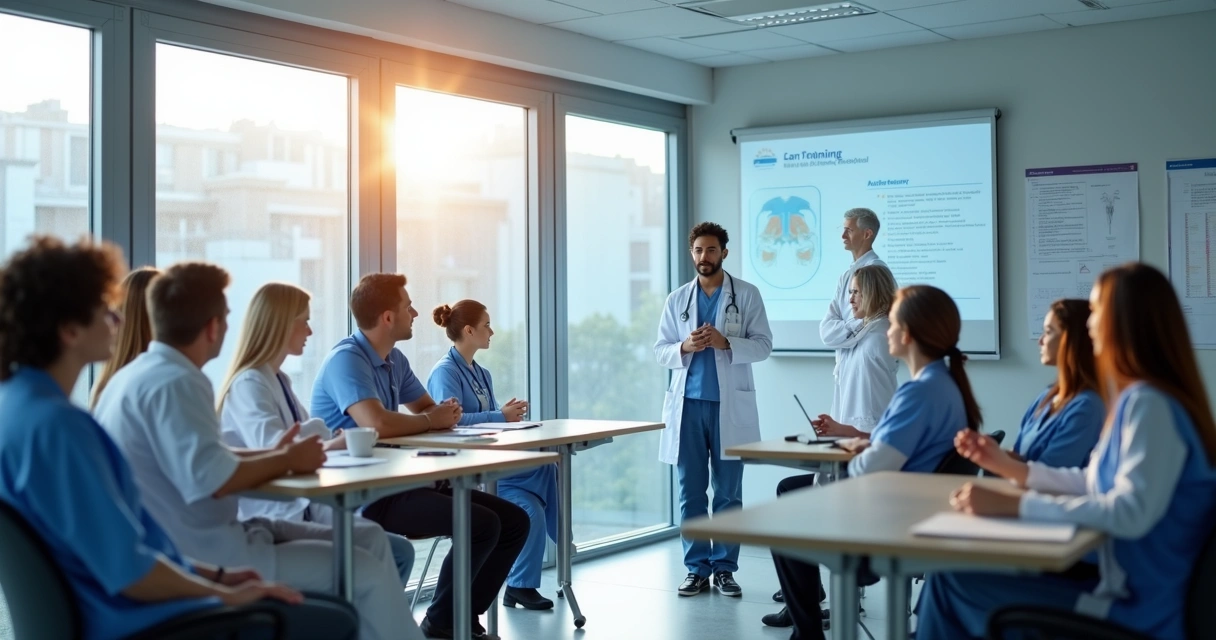 Profissionais de saúde em treinamento juntos na sala 