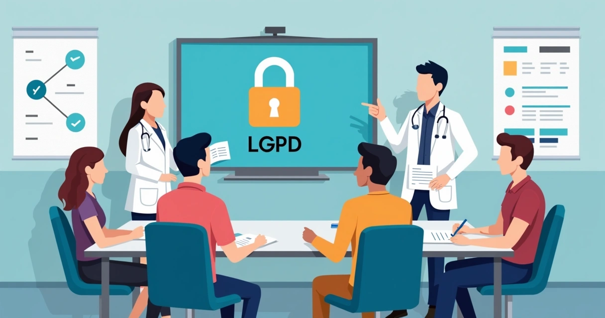 LGPD em Auditorias Clínicas: Práticas Seguras e Conformidade 2 Equipe multiprofissional de saúde em treinamento sobre proteção de dados