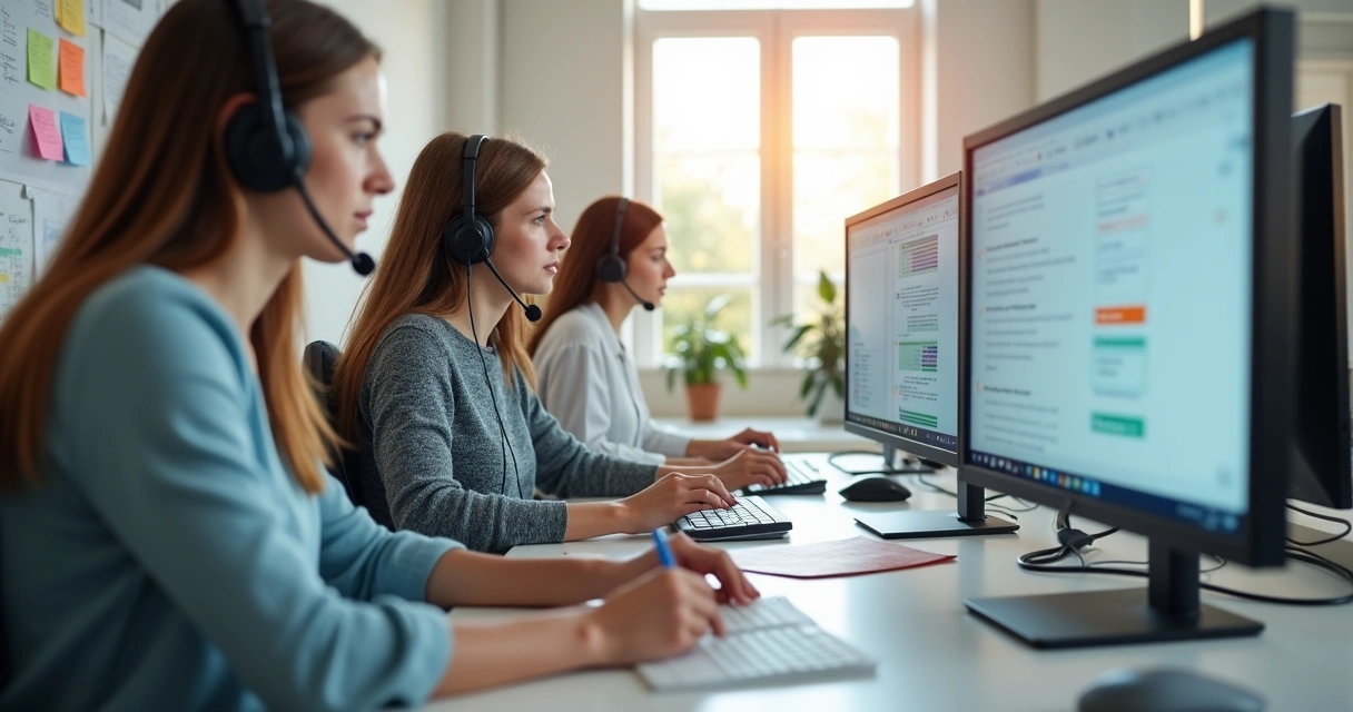 Equipe de SDRs concentrados conversando por telefone e computador 