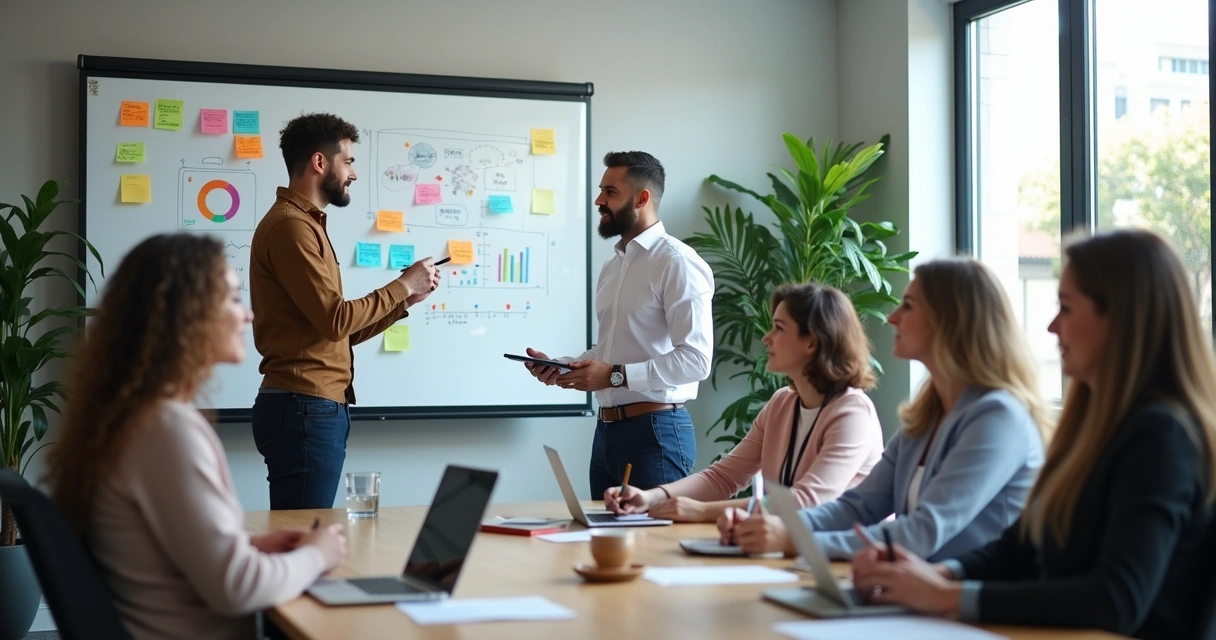 Equipe de SDR discutindo estratégia junto a um quadro branco 