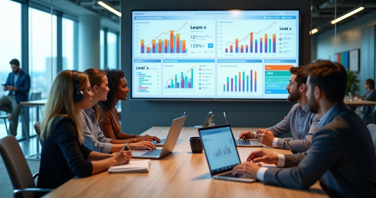 Equipe de SDR analisando painel de dados de geração de demanda em escritório moderno 
