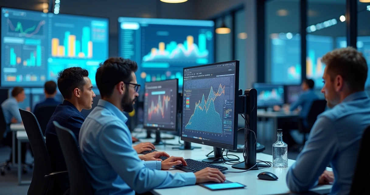 Equipe de vendedores SDR em ambiente moderno com computadores e integração de inteligência artificial 