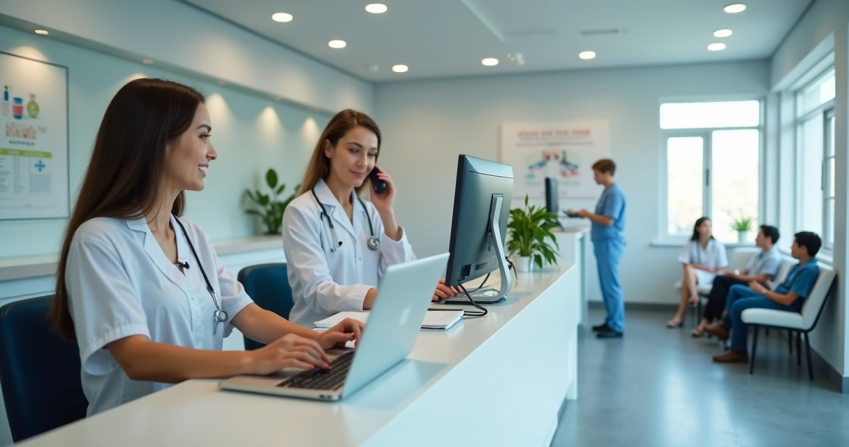 Equipe de secretárias em recepção moderna de clínica médica 