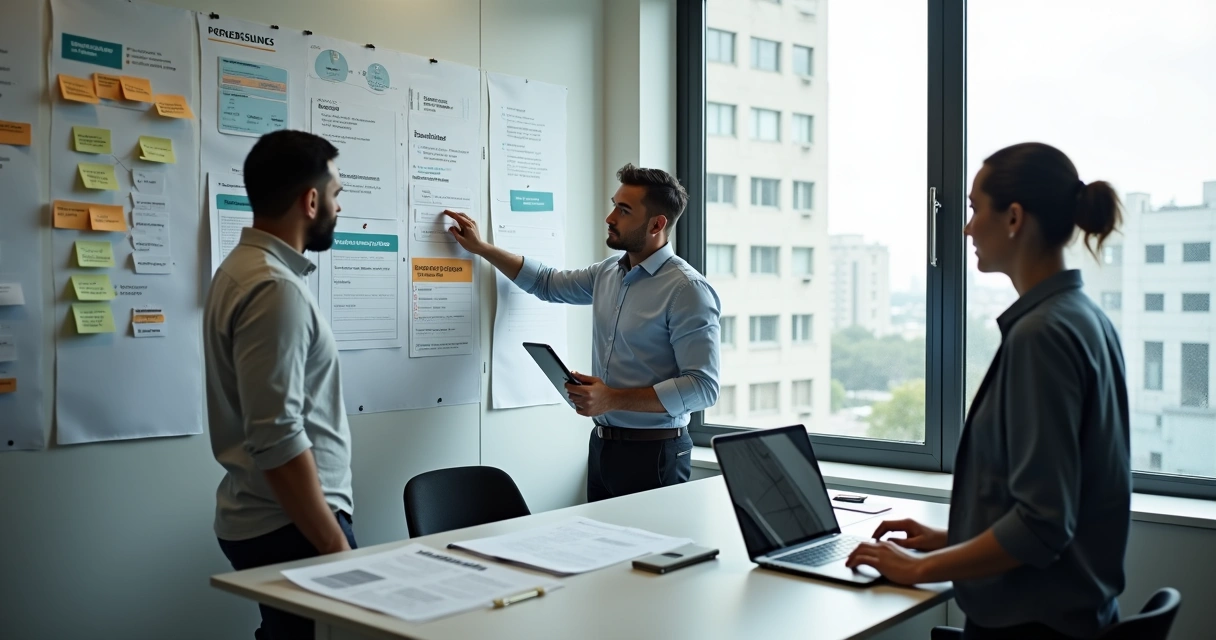 Time de PME seguindo procedimentos padronizados em painéis na parede 