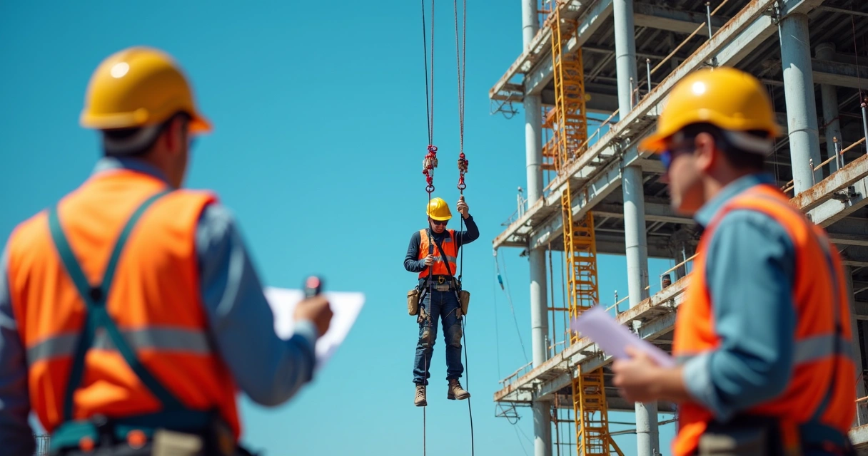 Equipe de trabalhadores com EPI em obra de prédio, simulando resgate em altura