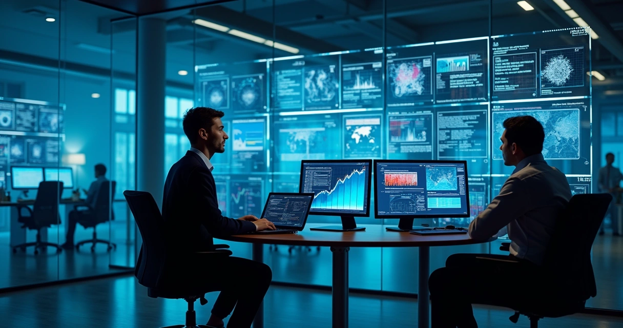 Equipe de segurança analisando painéis de dados críticos em um escritório moderno 