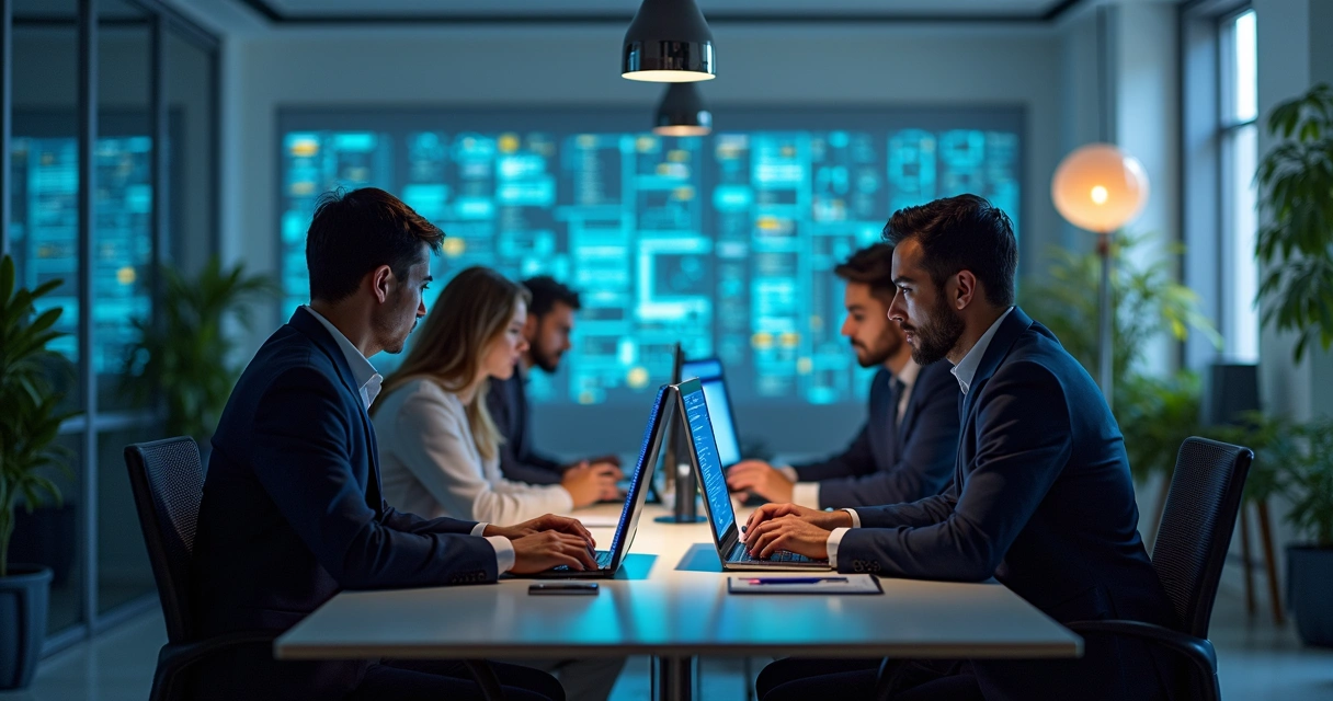 Profissionais de TI reunidos discutindo proteção de dados na tela do computador 