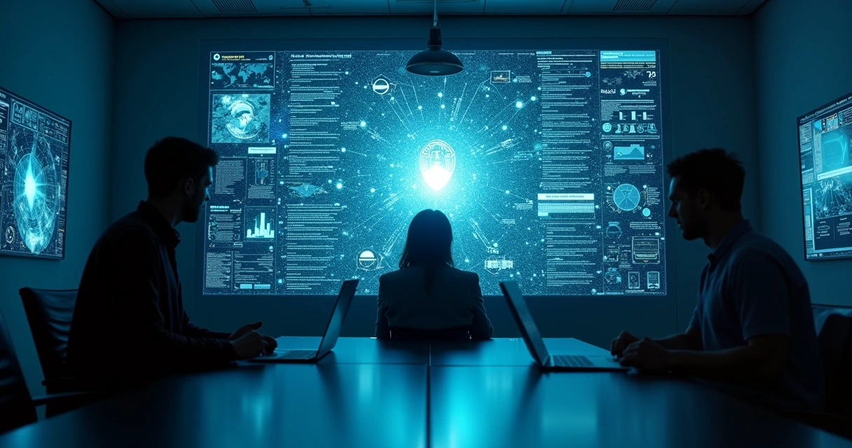 Equipe de segurança digital monitorando tela grande de dados 