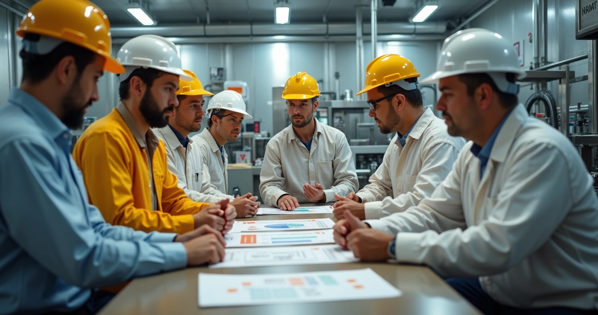 Equipe de segurança reunida em uma indústria alimentícia