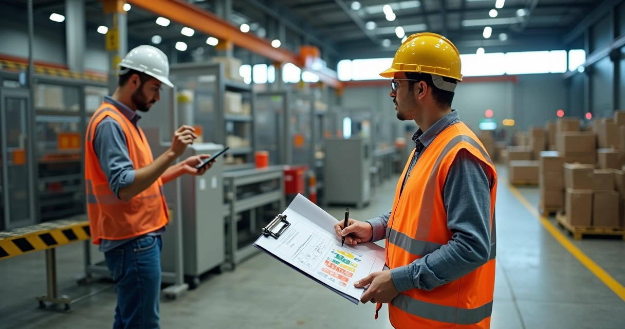Equipe de segurança inspeciona área industrial com plantas e tablet em mãos 