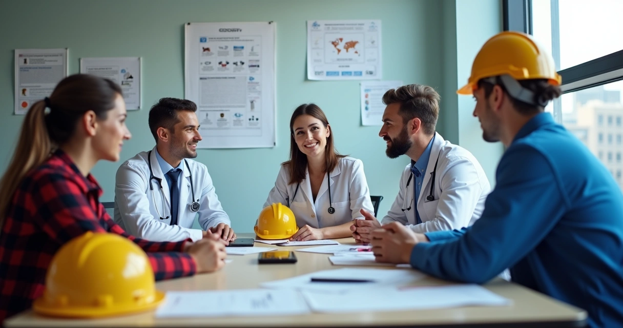 Equipe de profissionais de segurança e medicina do trabalho reunidos 