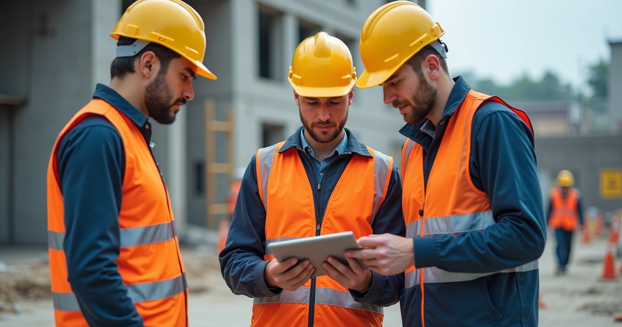 Equipe de segurança revisando conformidade de EPI na obra 
