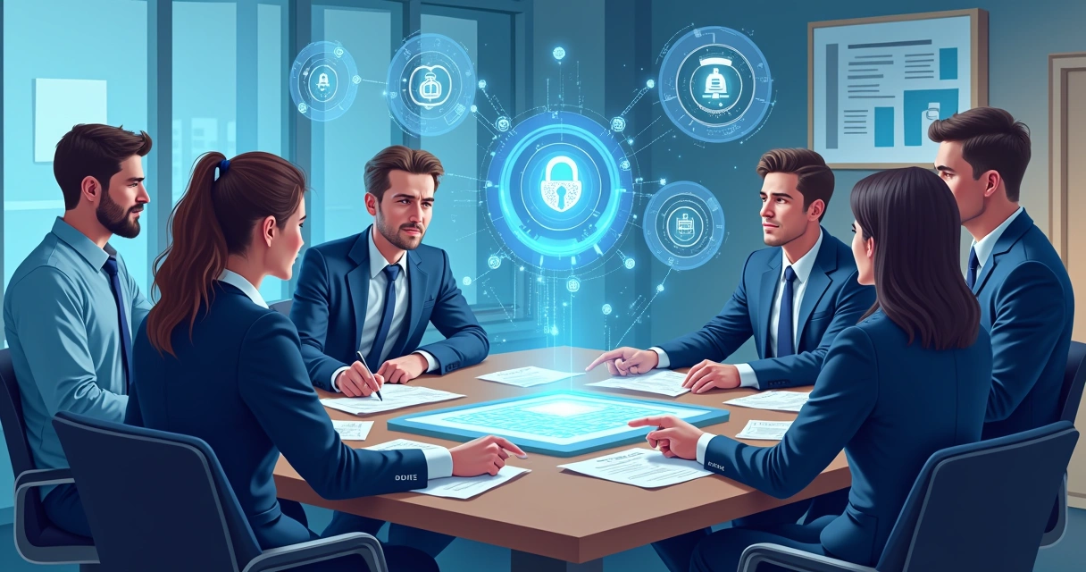 Equipe de segurança de TI discutindo políticas de privacidade 