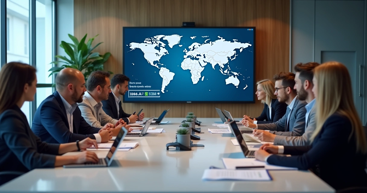 Equipe de segurança do trabalho reunida em sala de reunião de empresa multinacional