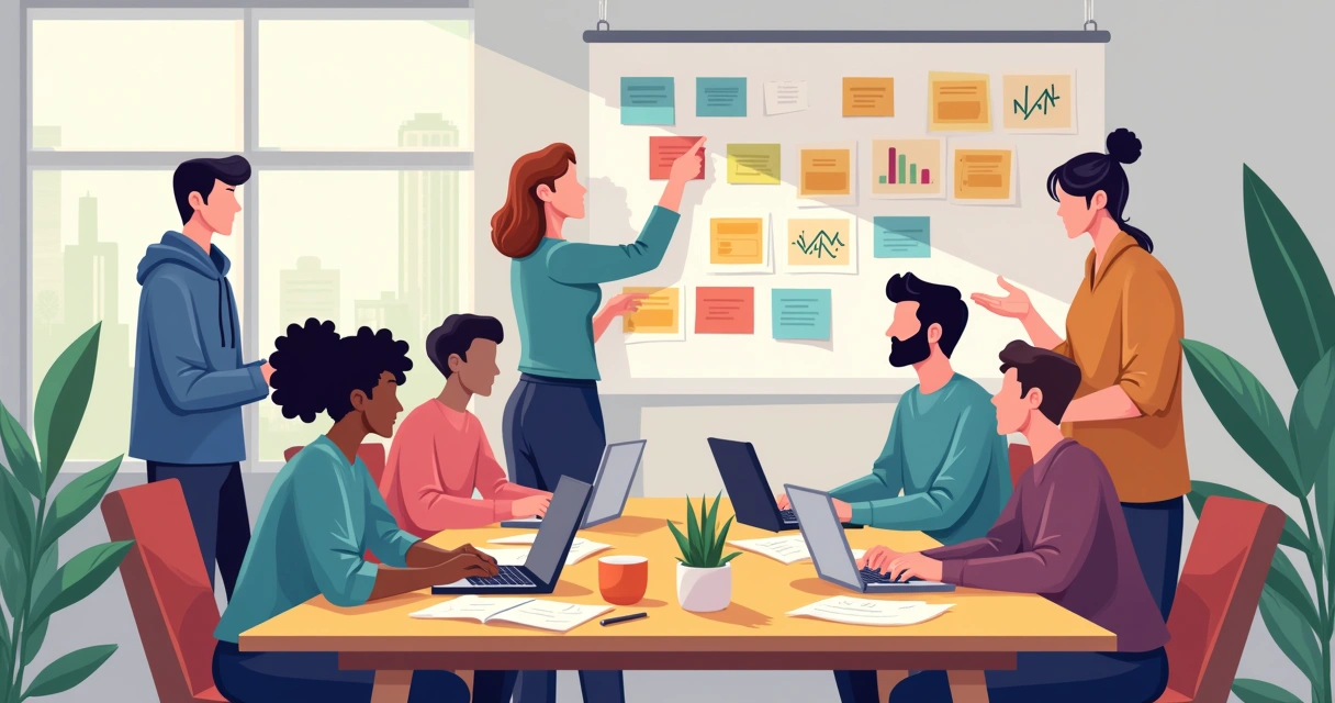 Equipe reunida discutindo conteúdo digital 