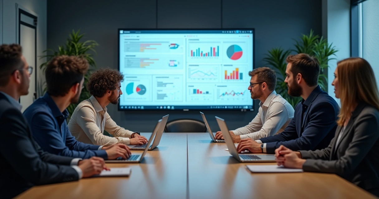 Equipe de marketing digital SaaS B2B reunida em uma mesa discutindo painéis de SEO 