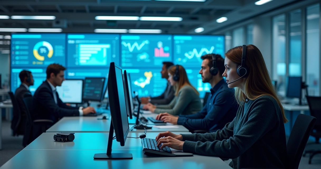 Equipe de service desk de TI atendendo chamados em ambiente corporativo moderno 