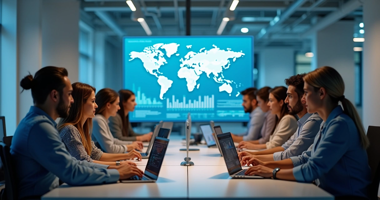 Equipe pequena de serviços financeiros utilizando computador com agente de IA na tela 