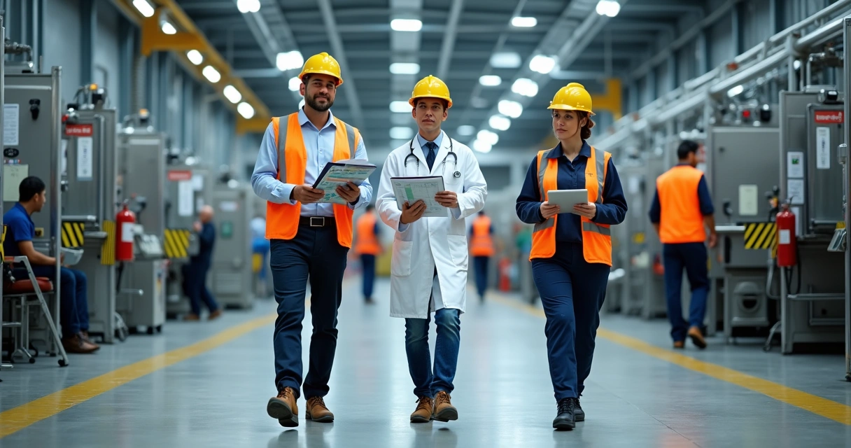 Equipe SESMT com EPIs vistoria área industrial 