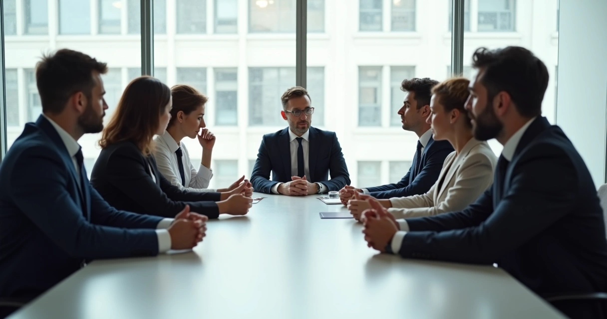 Equipe corporativa sentada à mesa em silêncio reflexivo durante uma reunião executiva 