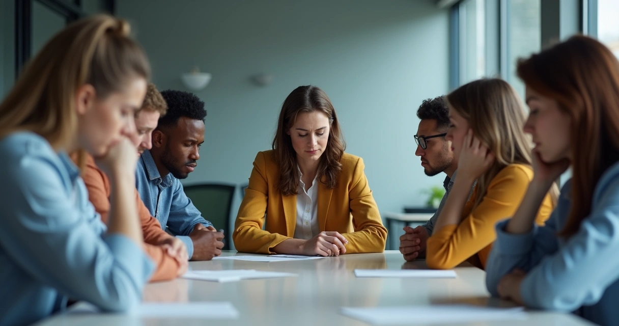 Pessoas sentadas em reunião, olhando para baixo em silêncio 
