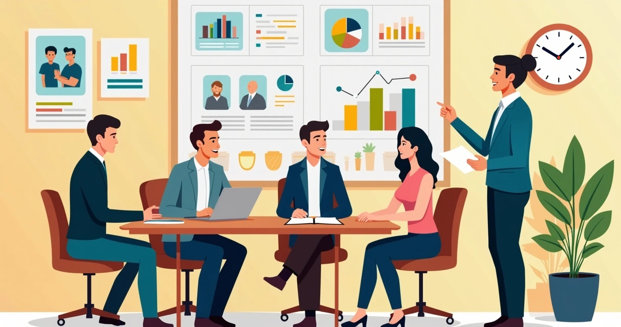 Equipe de vendas fazendo simulação de vendas em sala de treinamento 