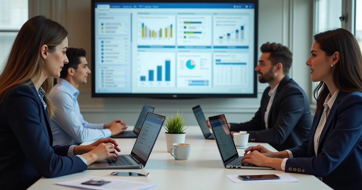 Equipe de síndicos usando tecnologia para gestão condominial 