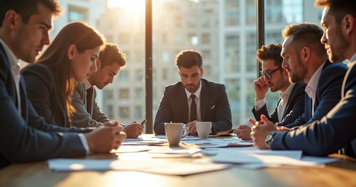 Equipe corporativa ao redor de uma mesa, rostos tensos e cansados, sala iluminada, papéis e laptops na mesa 