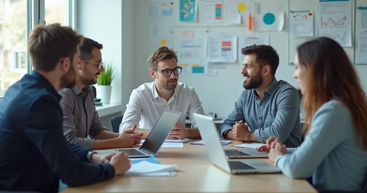 Membros de equipe em reunião intensa diante de quadros brancos e notebooks 