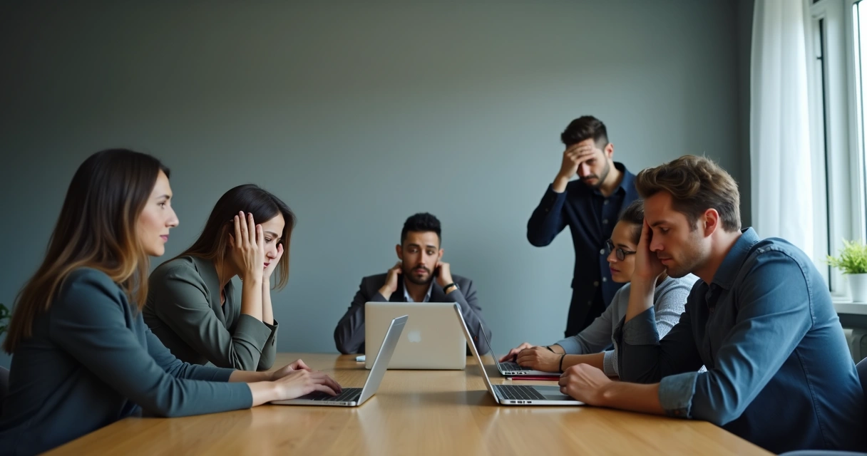 Equipe em reunião ao redor de mesa, alguns demonstrando cansaço