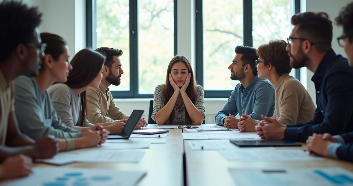 Equipe reunida em uma sala de reunião com expressões concentradas e papéis espalhados sobre a mesa 