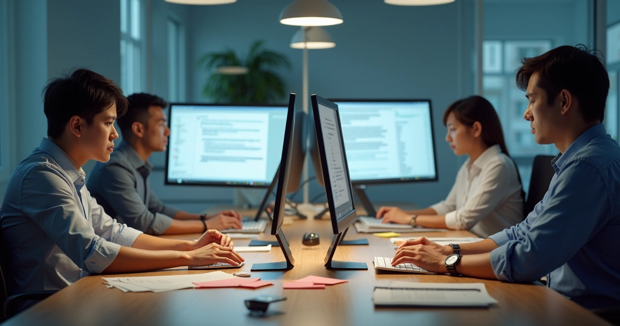 Profissionais sentados em uma mesa com computadores, expressão de cansaço e telas lotadas de mensagens 