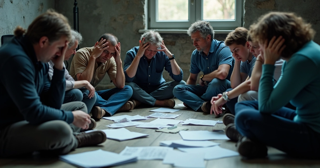 Equipe sentada em círculo, demonstrando cansaço e preocupação.