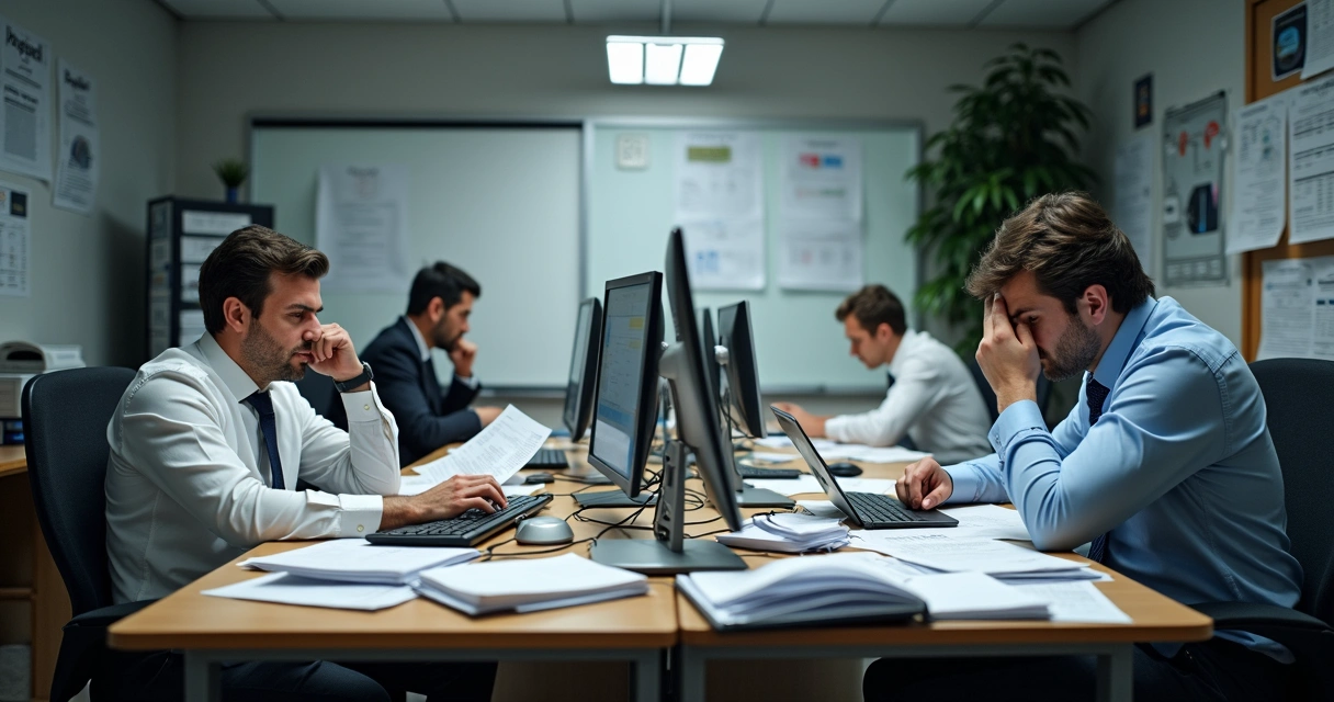Equipe de escritório contábil sobrecarregada com papéis e computadores 