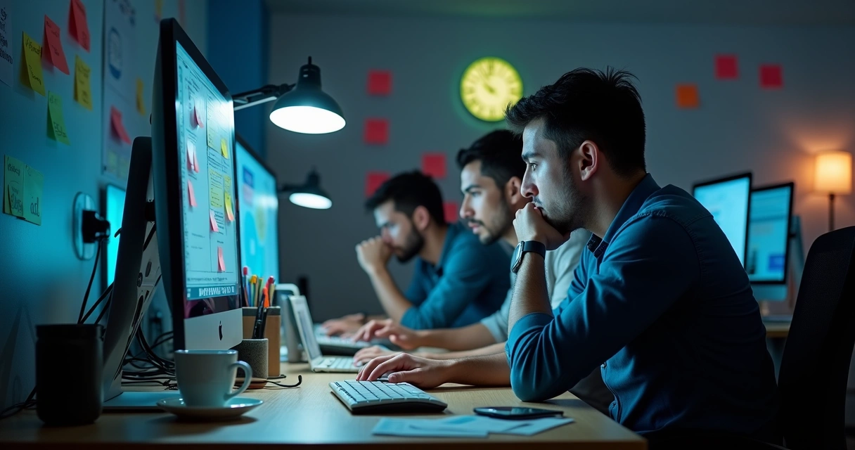 Equipe de TI com excesso de trabalho em frente a monitores 