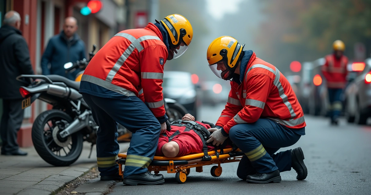 Equipe de socorristas realizando atendimento a vítima de acidente de trânsito 
