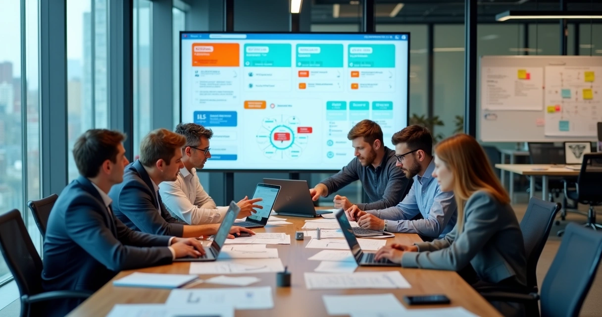 Equipe multidisciplinar de software house colaborando em projeto digital 