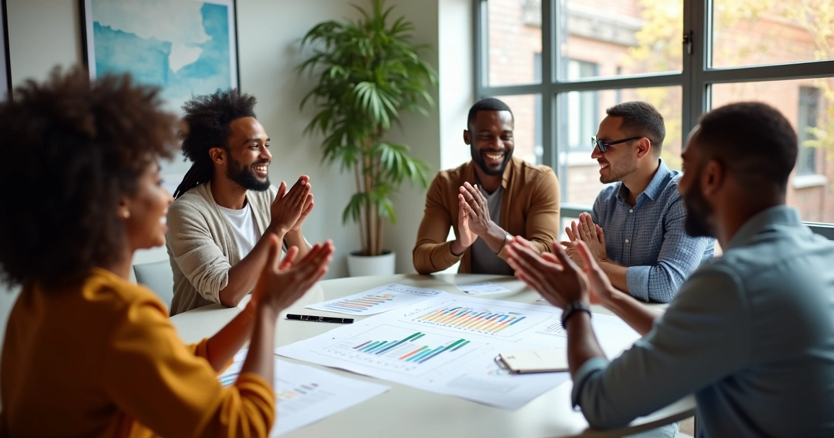 Pequena equipe comemorando resultado positivo em reunião 