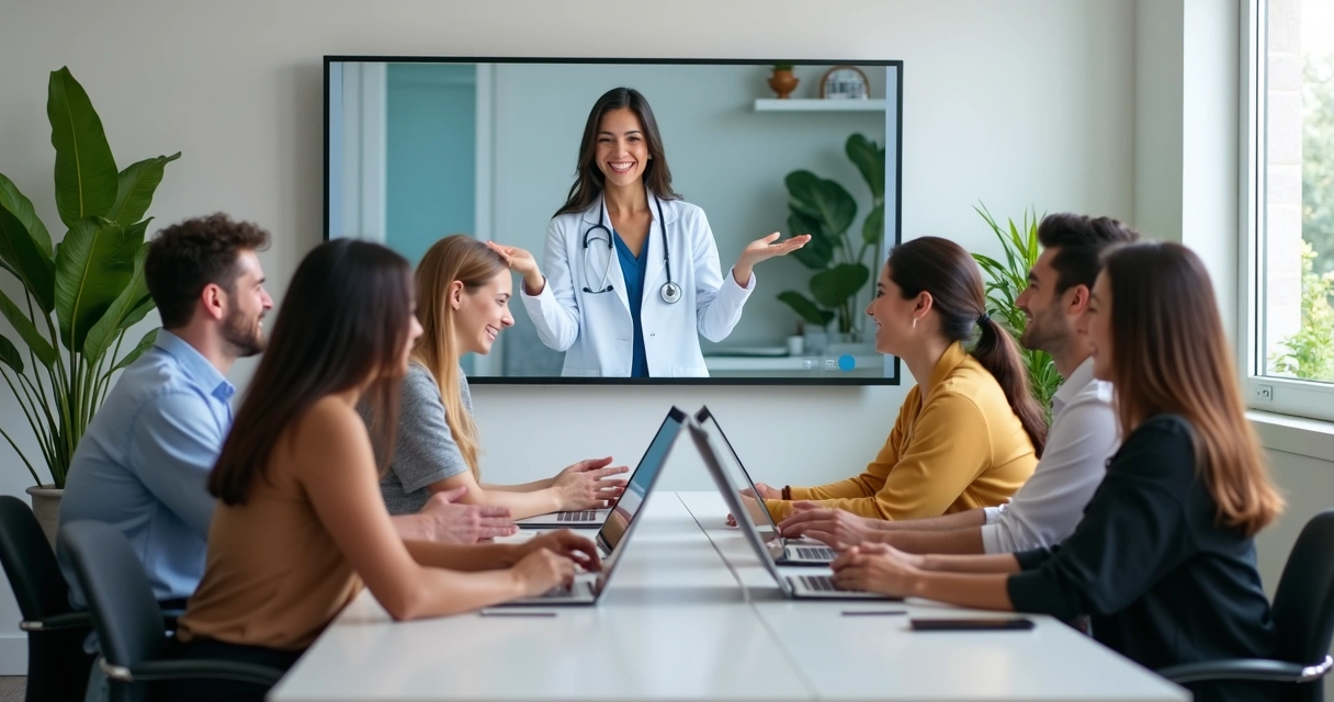 Equipe de escritório sorrindo após atividade de saúde corporativa 