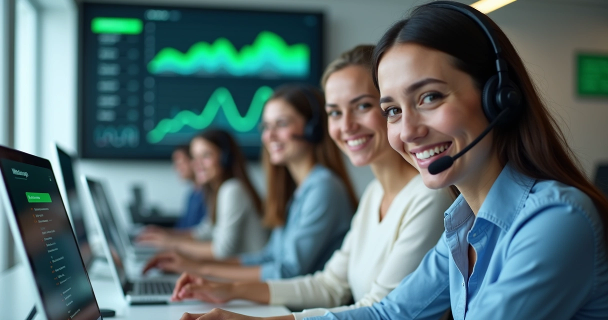 Equipe de atendimento feliz em frente a computadores, celebrando vendas 