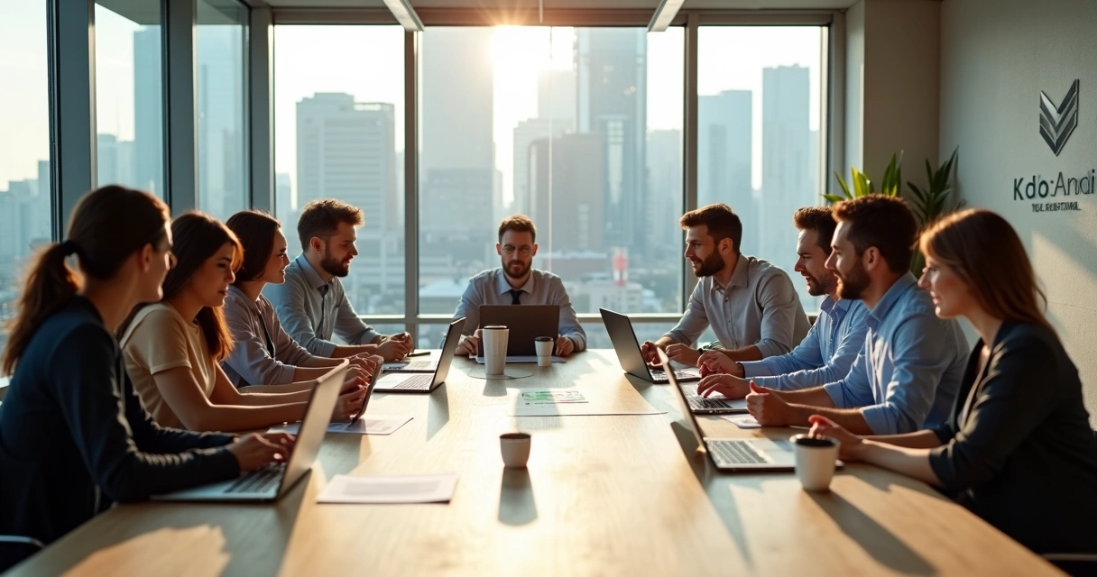 Equipe administrativa reunida ao redor de mesa em escritório de startup de logística 