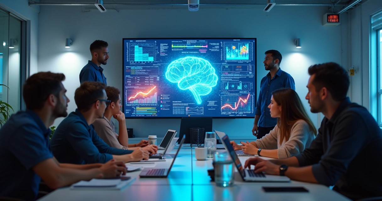 Equipe de startup em reunião analisando painel de dados com gráficos coloridos