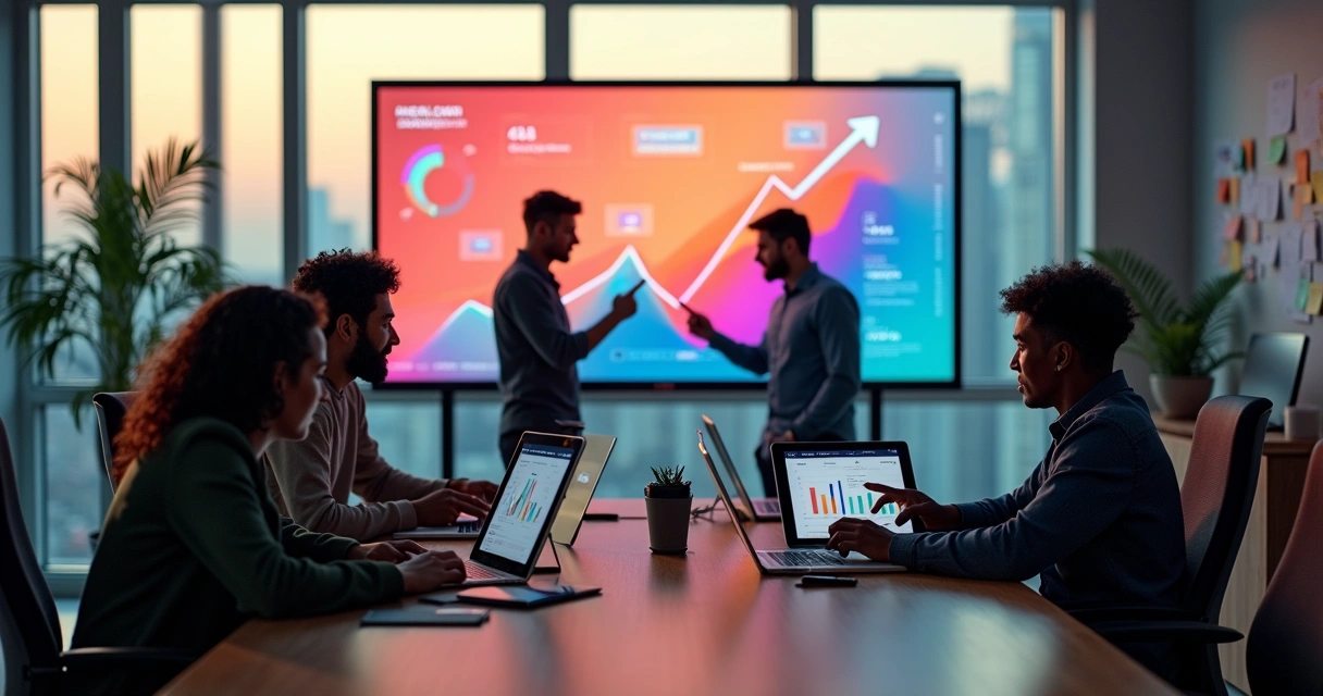 Equipe de startup colaborando em escritório moderno com tecnologia e gráficos de crescimento 