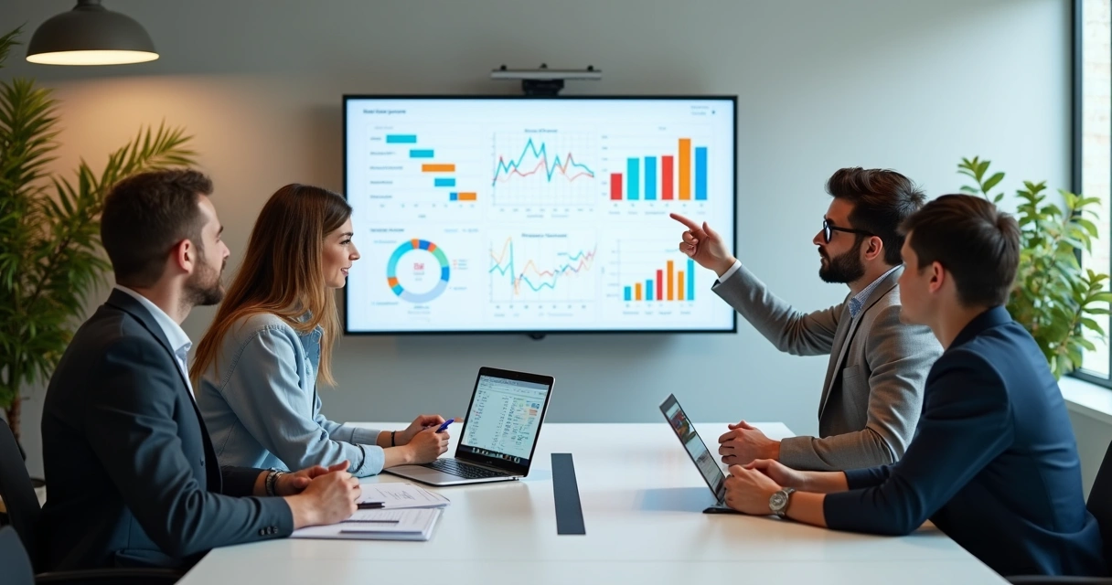 Equipe de sucesso do cliente reunida em mesa analisando gráficos de receita em SaaS 