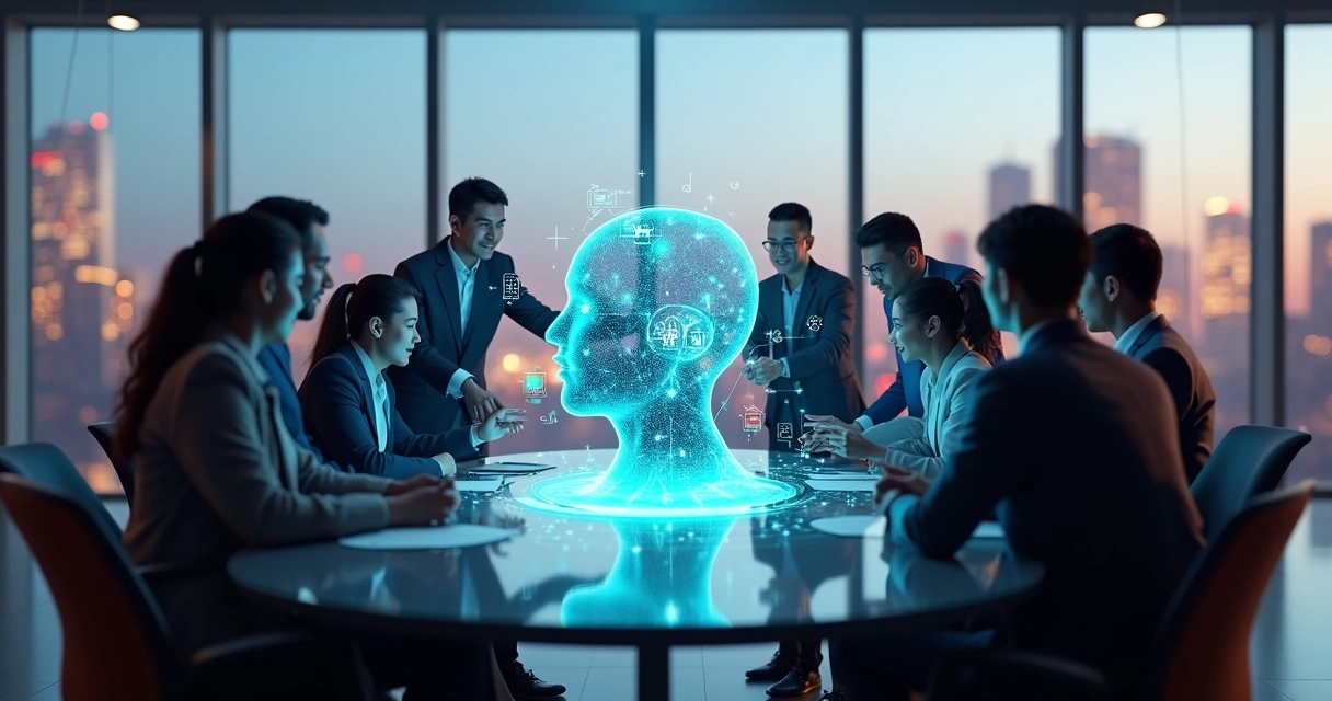 Equipe de negócios e tecnologia colaborando com hologramas de inteligência artificial no centro da mesa 